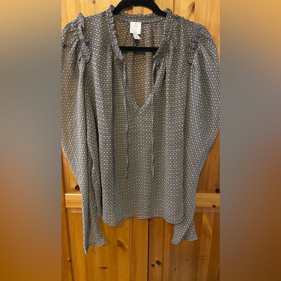 Joie Sheer blouse with ruffle detail Brown and pale blue. XL - Picture 1 of 4